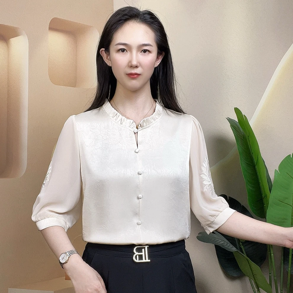 木耳领衬衫女五分袖夏季新款刺绣时尚洋气上衣设计感绣花减龄衬衣