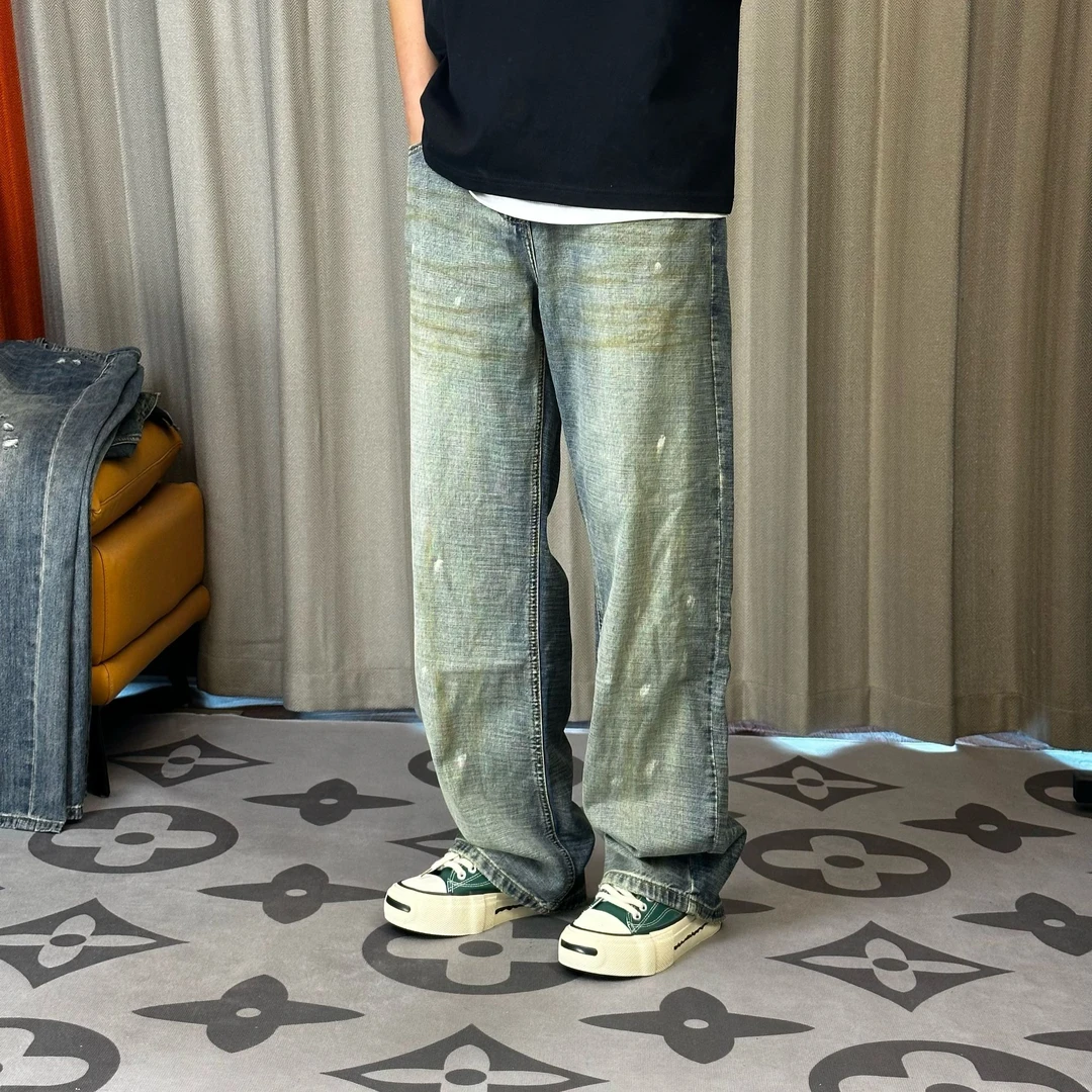 春夏新款全棉横竹纹宽松直筒阔腿脏脏裤高街潮牌宽松直筒牛仔裤男