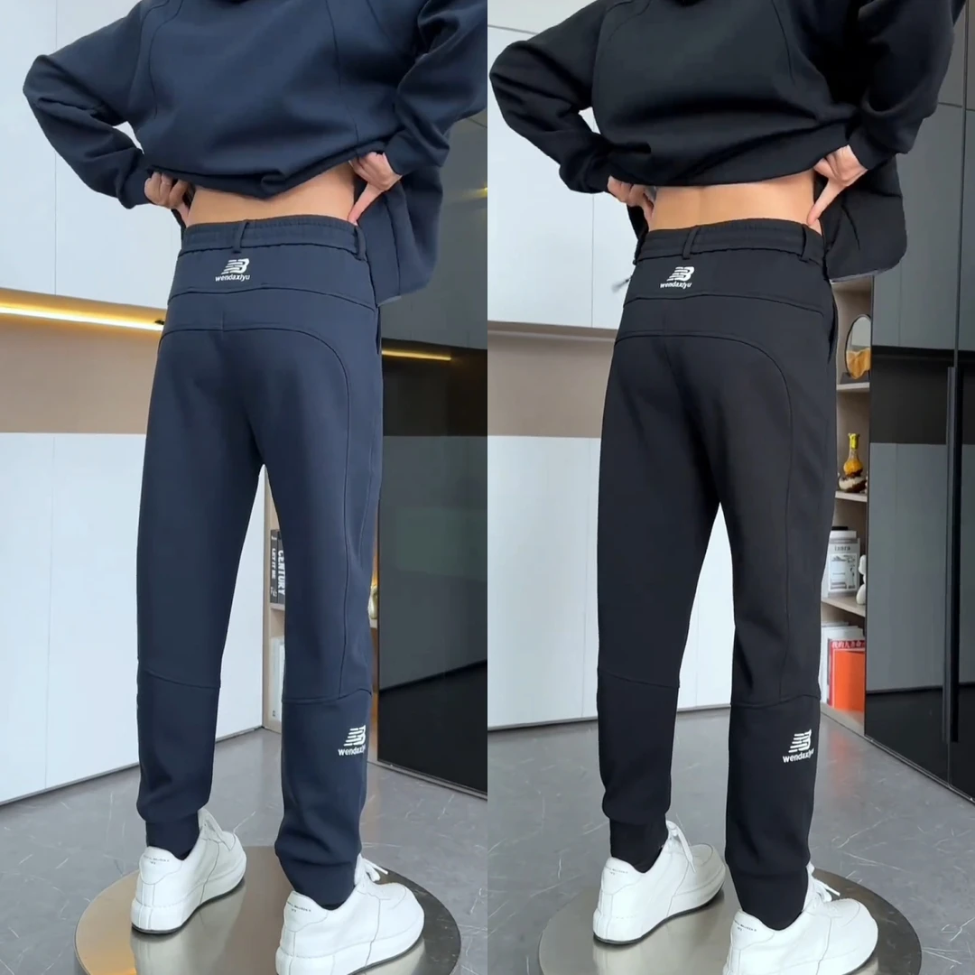 2025秋冬新款时尚直筒束脚休闲裤弹力刺绣宽松加绒加厚运动长裤男