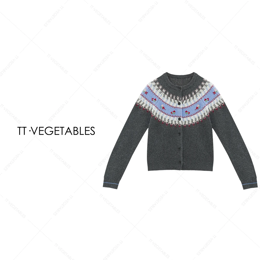 噢芬/小个子【茉糯】山羊绒韩系复古提花针织开衫秋冬毛衣522531