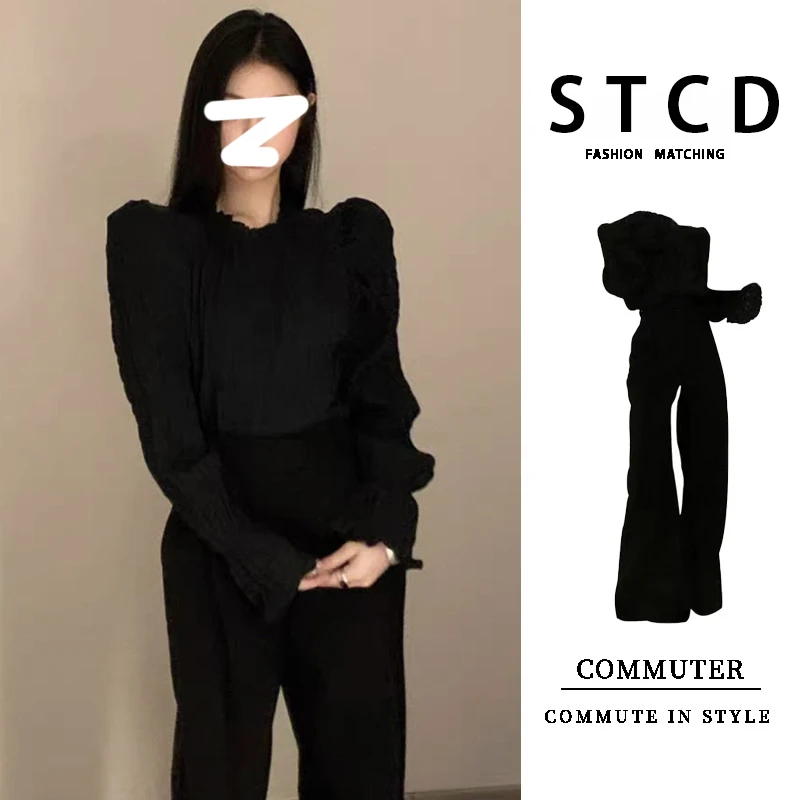 2024秋季新款高级感冷淡系长袖衬衫搭御姐炸街高腰阔腿裤两件套装