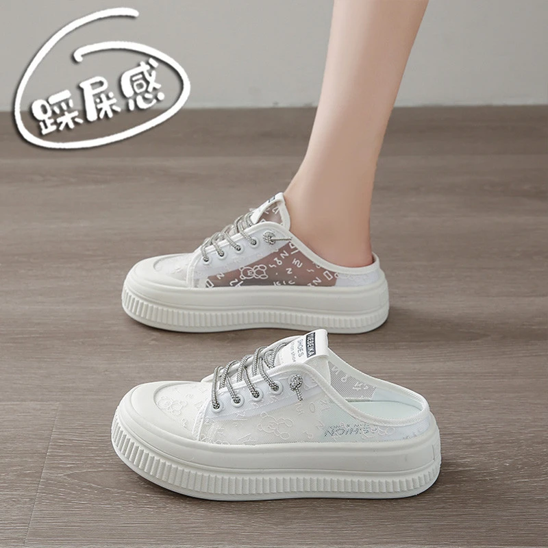 厚底包头半拖女2025夏季新款百搭外穿软底蕾丝法式透气休闲网面鞋