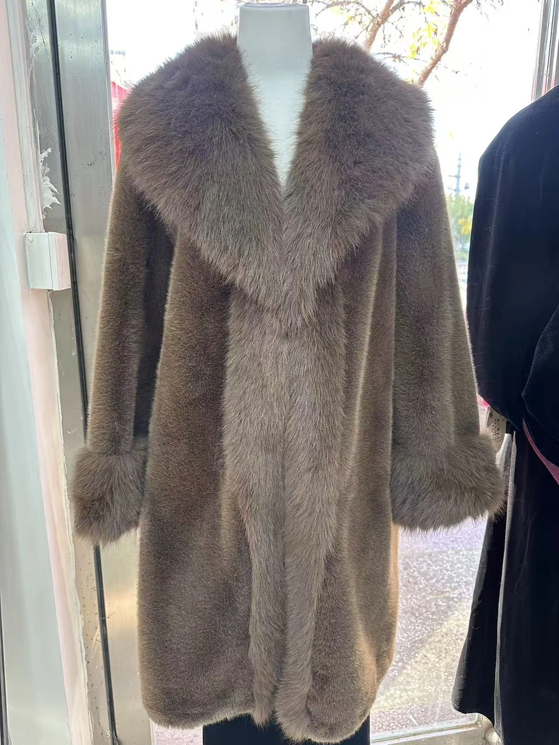 冬新款进口米兰貂环保皮毛一体中长款大毛领皮草宽松外套