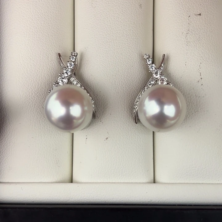 定制海水珍珠银S925镶嵌耳饰12-13mm澳白两颗