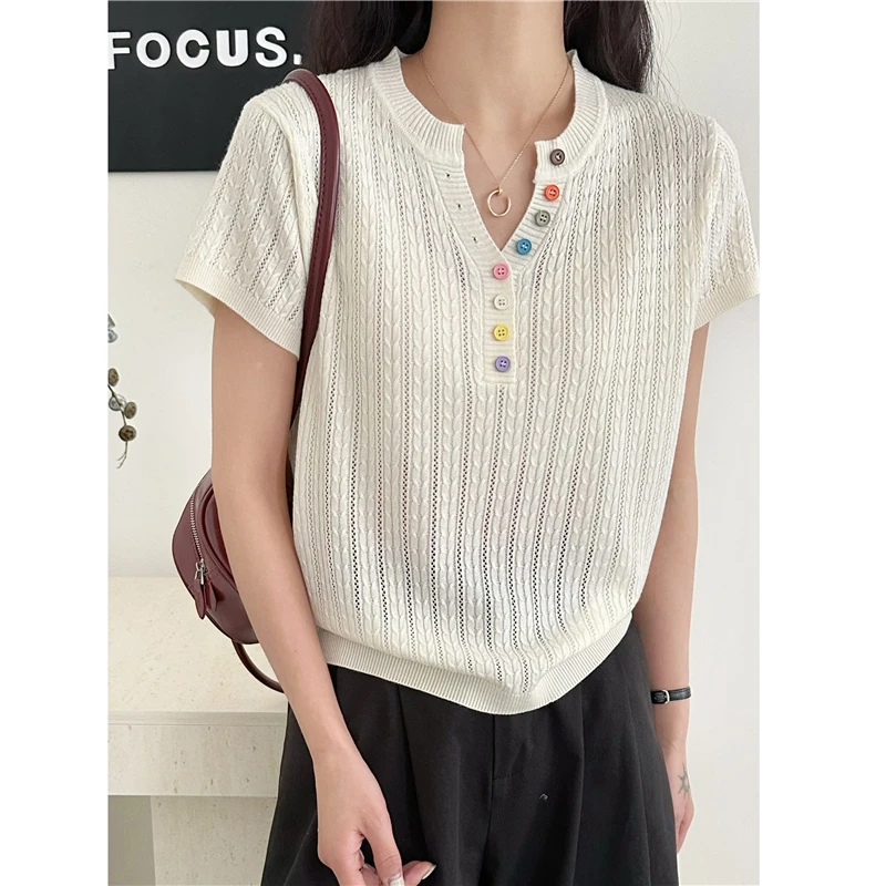 【彩扣】剪刀领套头冰丝针织衫女短袖T恤宽松百搭时尚韩版减龄