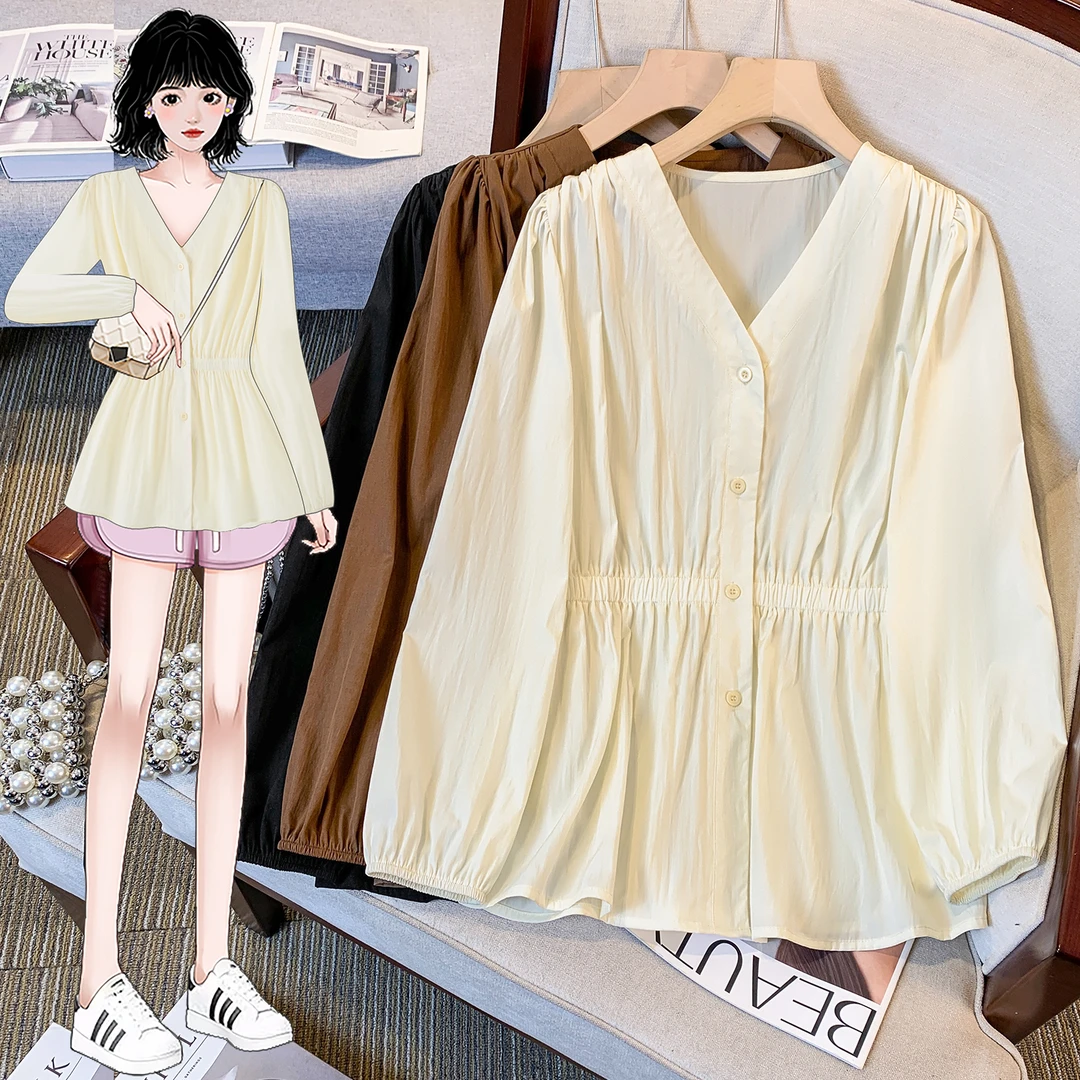 春季新款设计感V领长袖衬衫女大码收腰遮肚子减龄上衣66368