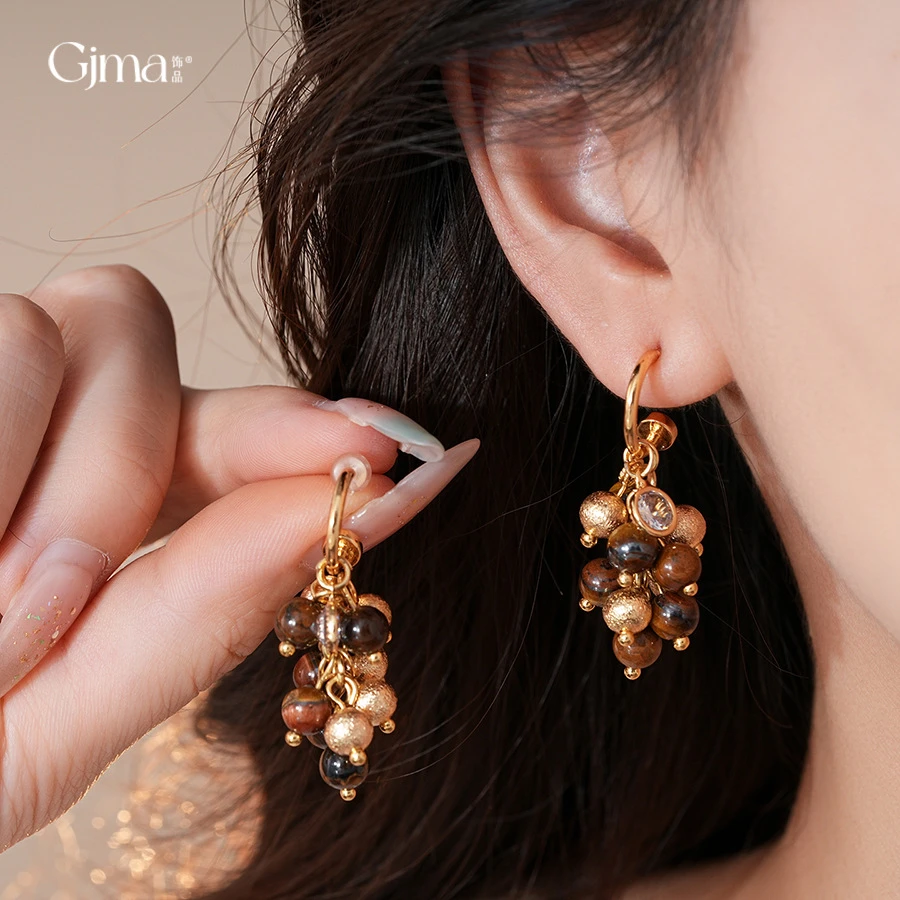 高级感穿戴甲银针欧美复古锆石虎眼石圆形流苏耳环小众设计感耳钉