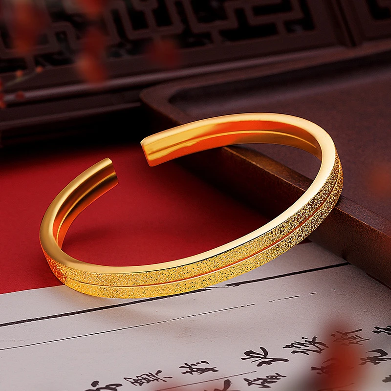 合金手镯 金色双线钉砂开口手镯 复古婚庆新娘开口手镯精致首饰