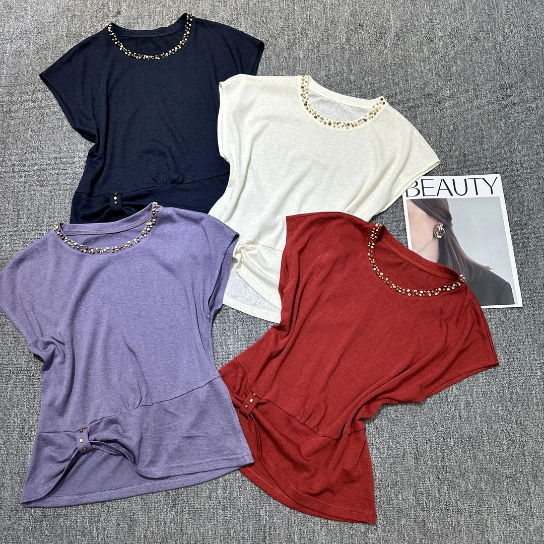 KIKI严选：68756-多米家欧货南油夏季木珠捏褶上衣百搭T恤