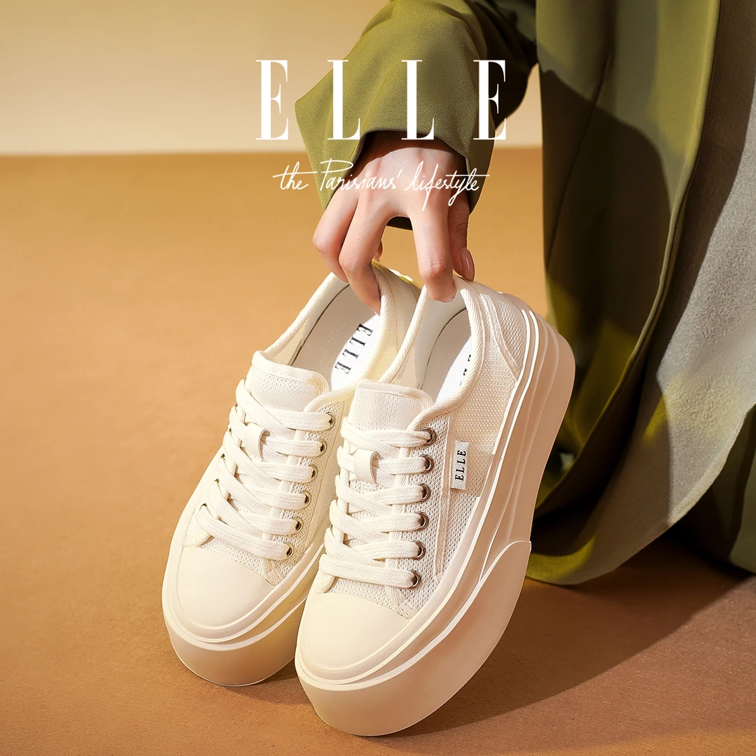 ELLE5CM增高网面透气小白鞋女2025新款学院风小个子厚底休闲板鞋