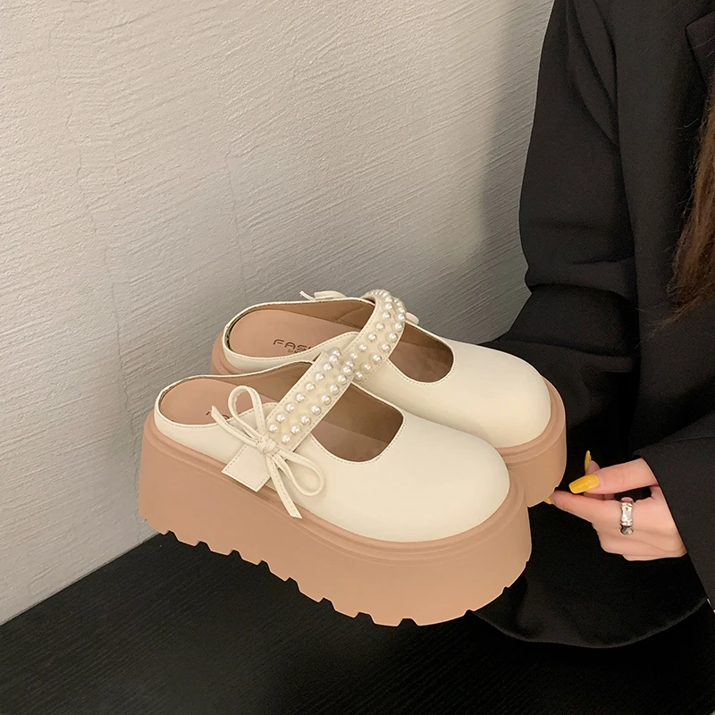 勃肯包头玛丽珍半拖鞋女外穿2025新款开春厚底增高矮个子增高凉拖