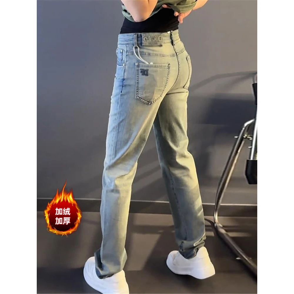 秋冬高档男裤大码潮牌男休闲长裤时尚宽松加绒痞帅男士牛仔裤直筒