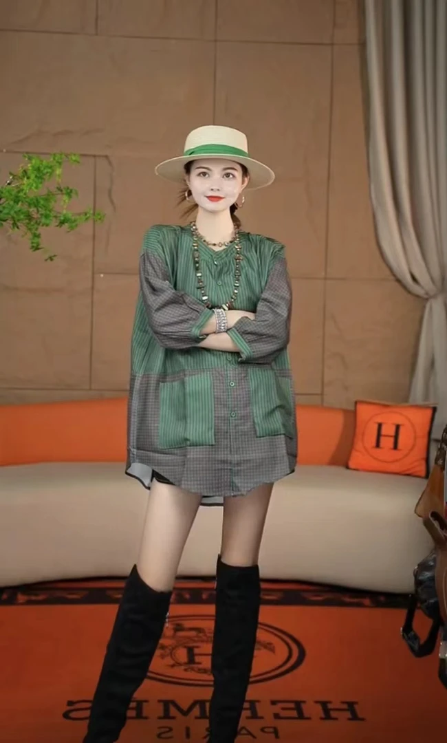 069(安言服饰)拼接圆领格纹单排多扣衬衫网红上衣格子绿色衬衫