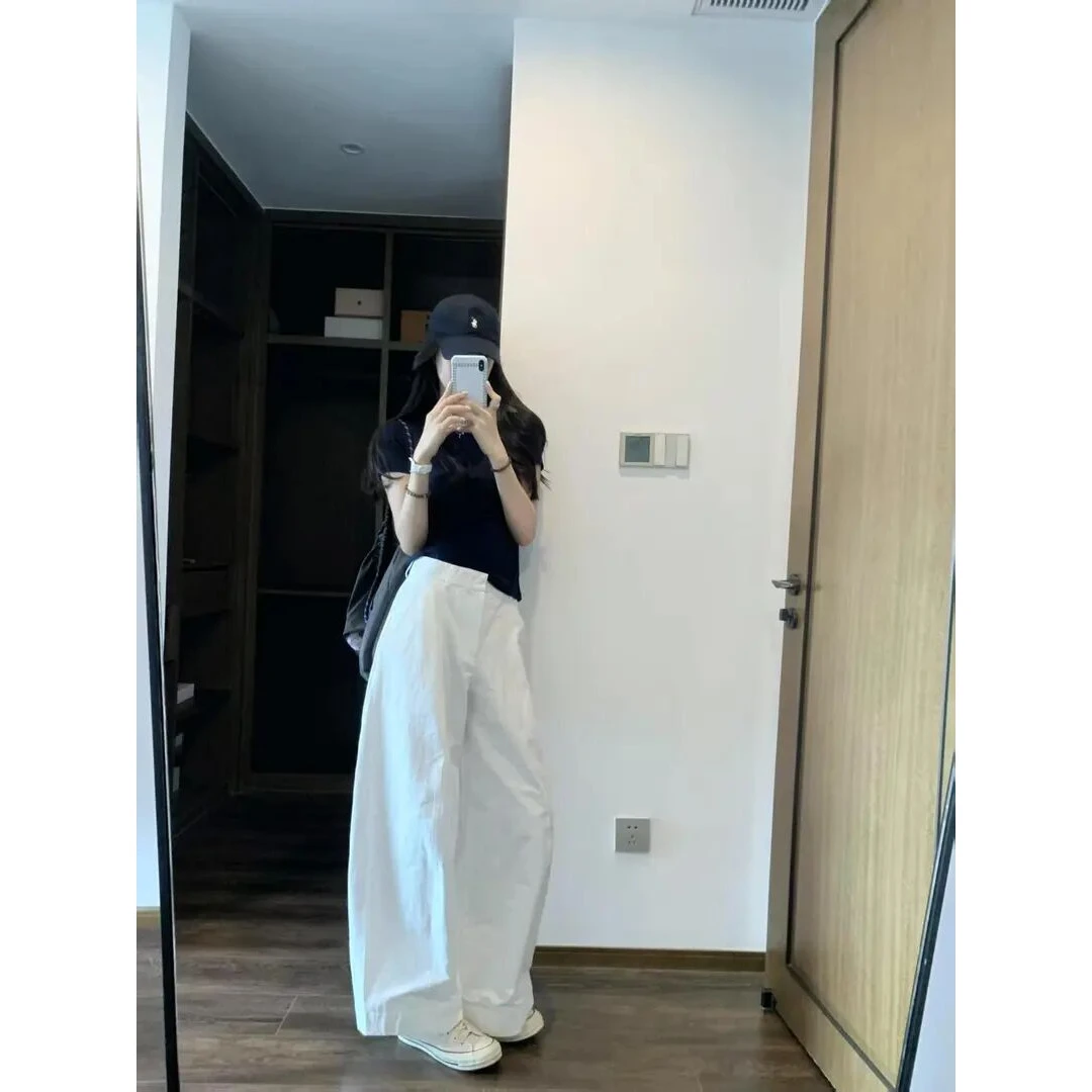 气质上班族女装正肩短袖T恤显瘦圆领短款上衣白色直筒阔腿休闲裤