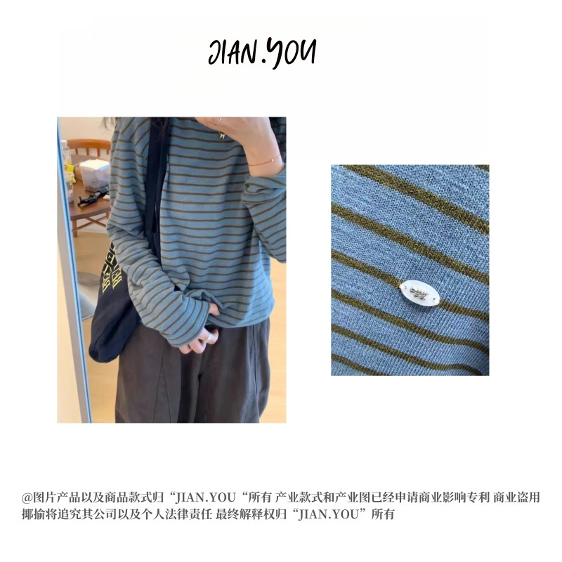 JIANYOU-[多巴胺甜妹风]韩系软糯慵懒风长袖打底条纹上衣O-25874