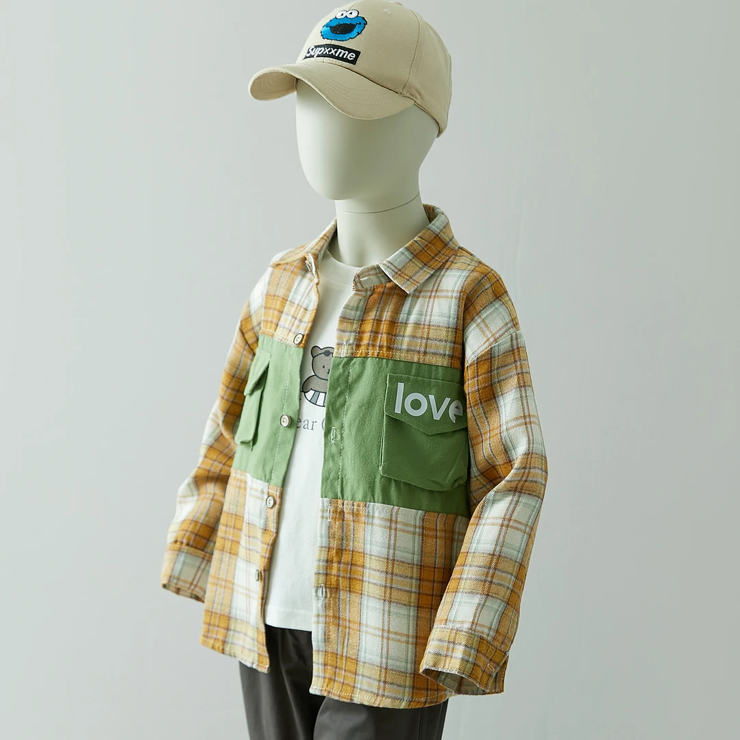 2025新款拼接格子衬衫男童时尚拼接衬衫清K533310