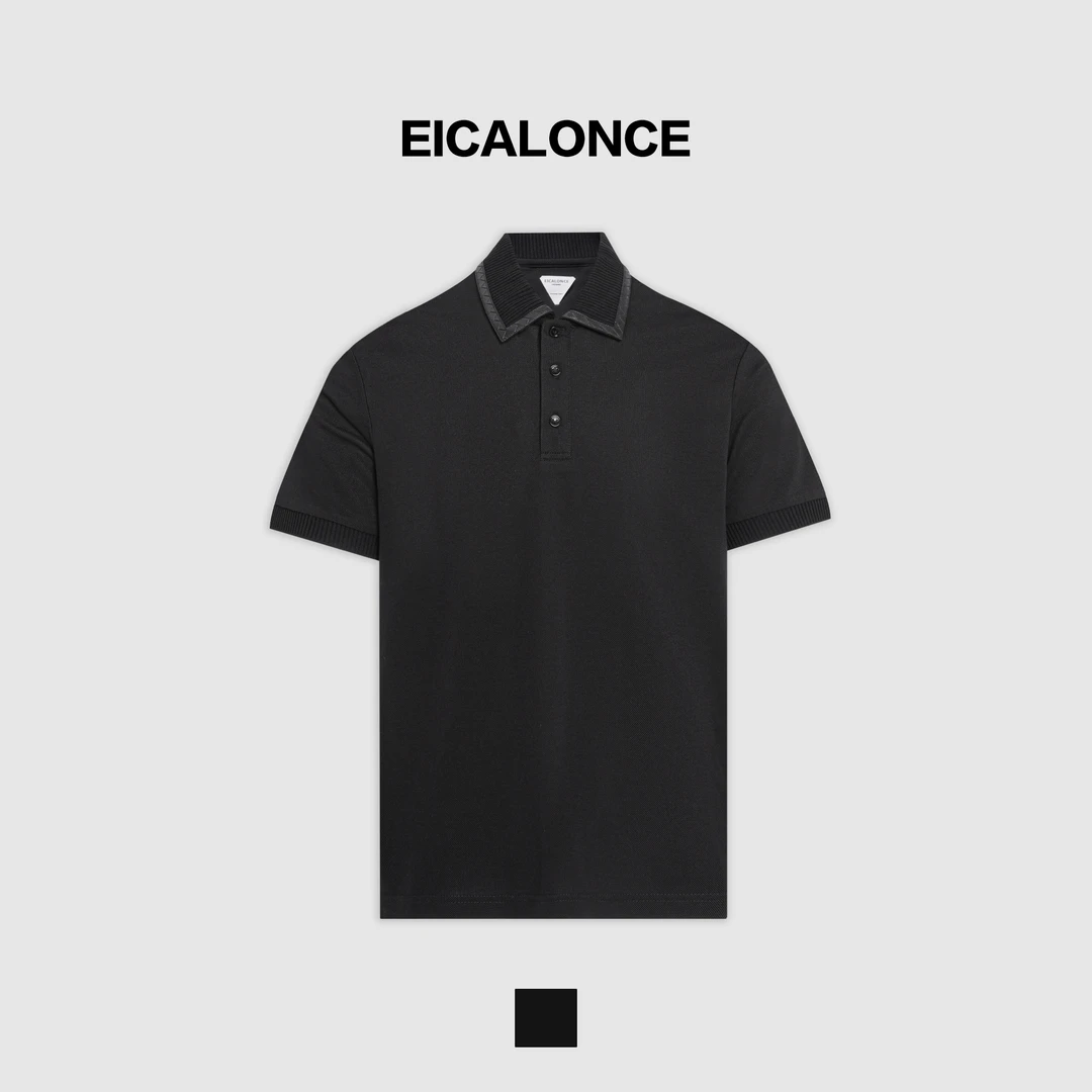 意卡伦萨 男士夏桑蚕丝冰感编织皮领海鸥领休闲短袖POLO衫SM12321
