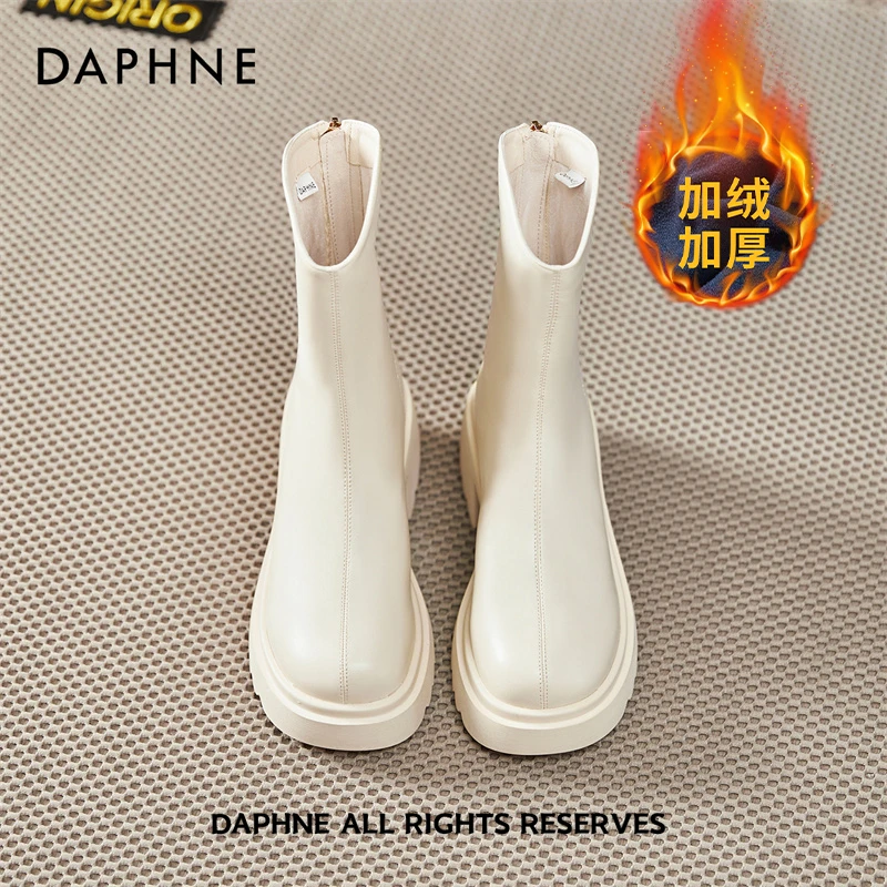 达芙妮高跟短靴女2025新款冬季厚底白色马丁靴粗跟切尔西棉靴加绒
