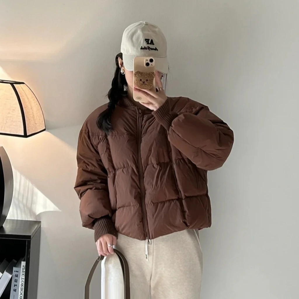 【502】美拉德系棒球领棉服女短款2025冬季立领螺纹针织面包服棉服