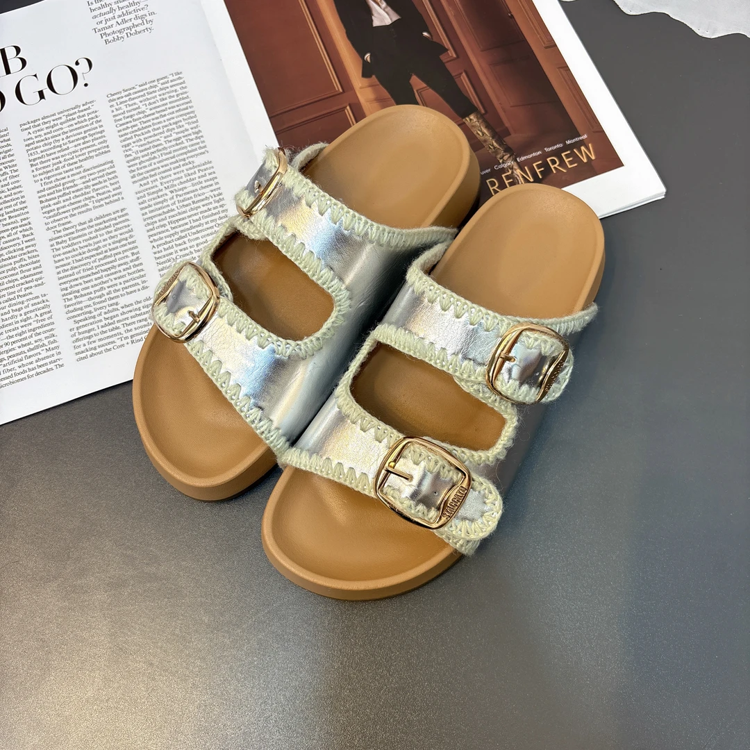 【sugar】2025年夏季时尚韩版简约外穿厚底金属扣皮面网红勃肯凉拖