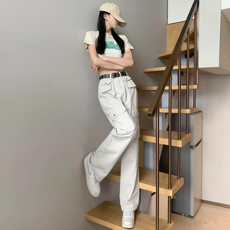 早秋新款高腰沙色工装裤女嘻哈多口袋百搭宽松设计感阔腿拖地裤长