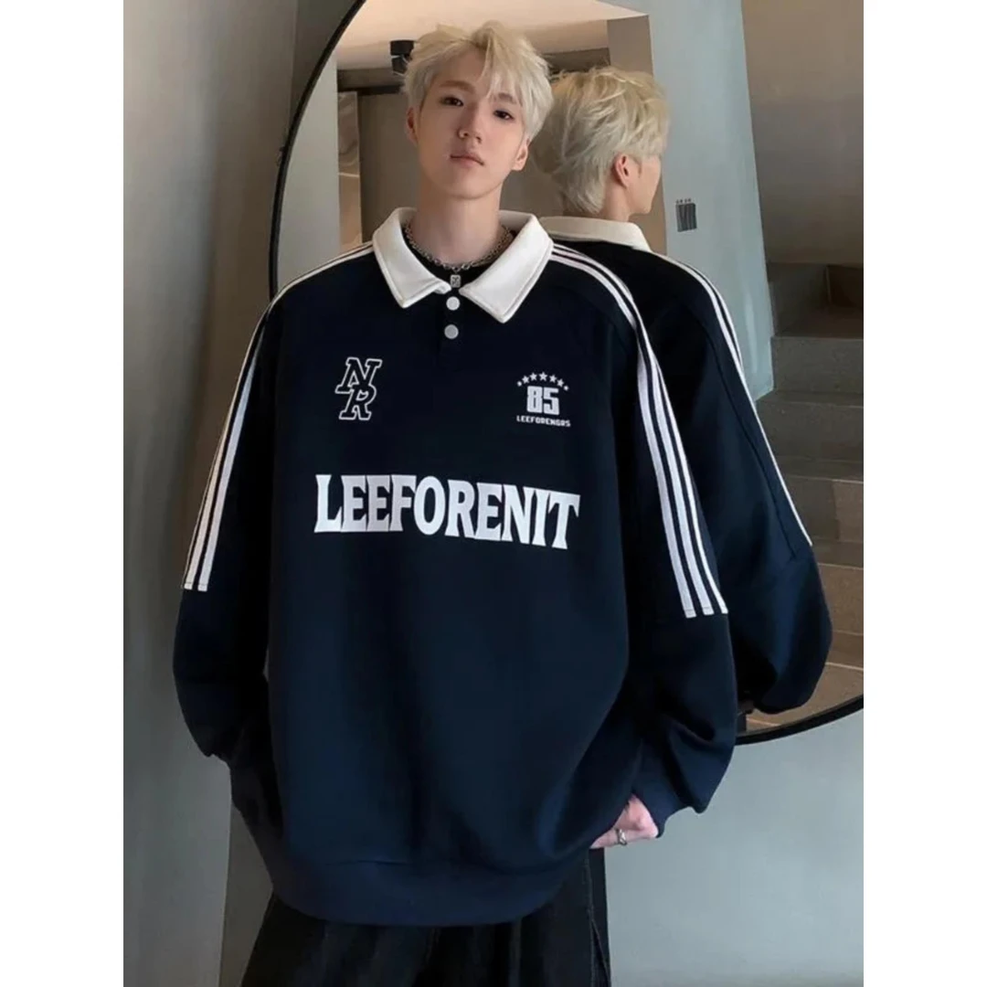 潮走150加码男式衫运动衫日常春夏男式连袖衣服对比色宽松翻领夹