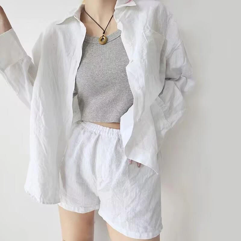 白色棉麻防晒衬衫外套女士春季薄款亚麻衬衣舒适休闲短裤两件套装