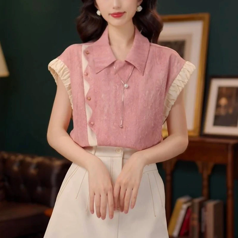 时尚撞色拼接短袖衬衫女2025夏季新款复古港风洋气百搭翻领上衣潮