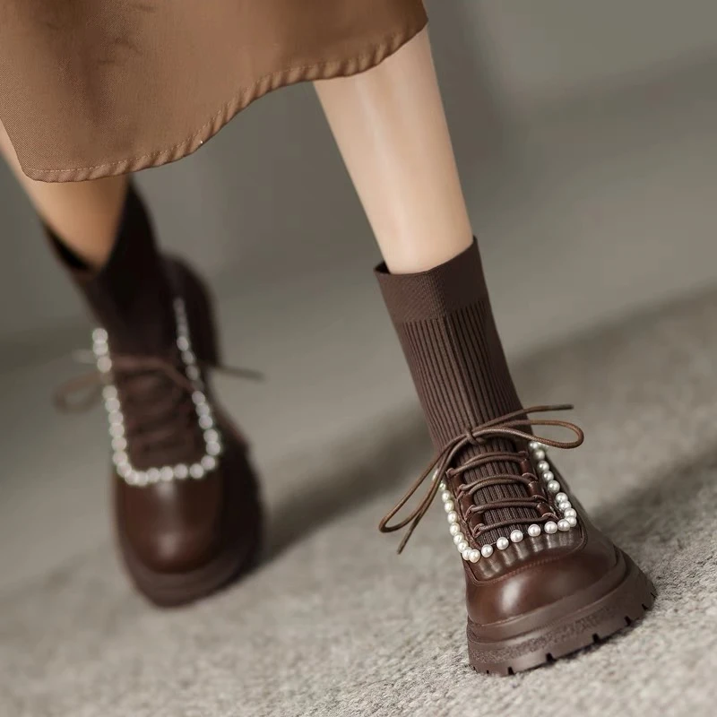 XZ016复古针织弹力袜靴女厚底短靴女粗跟瘦瘦靴马丁靴英伦风