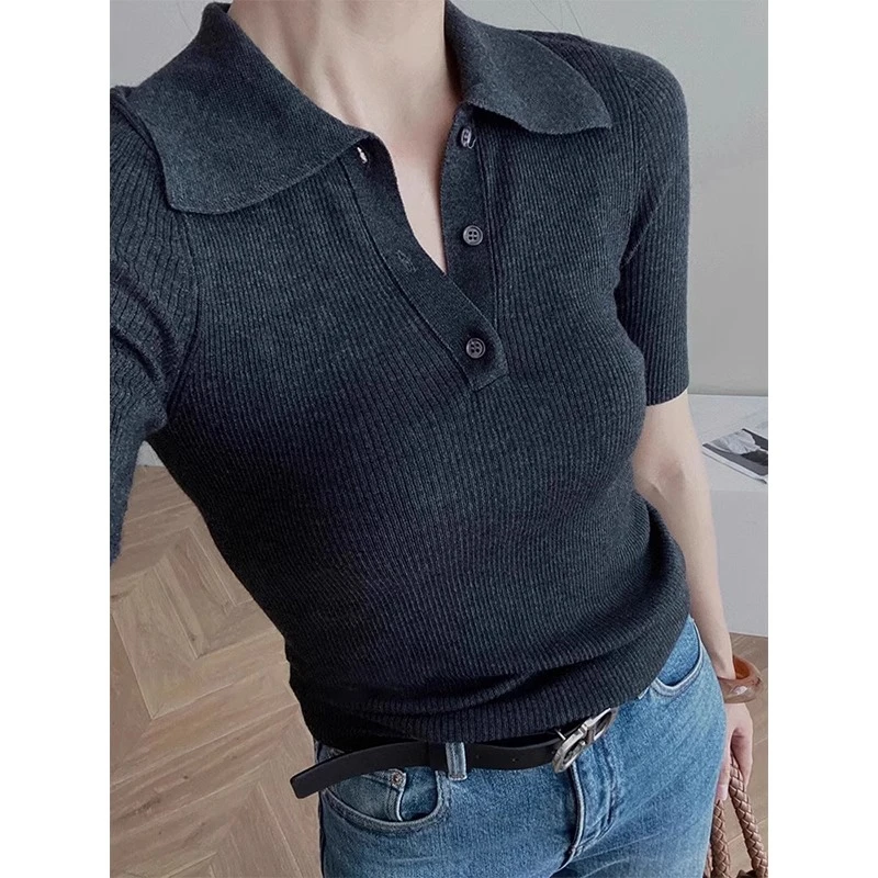 韩版高级灰极简风穿搭女春夏款polo领简约通勤针织衫显瘦百搭上衣