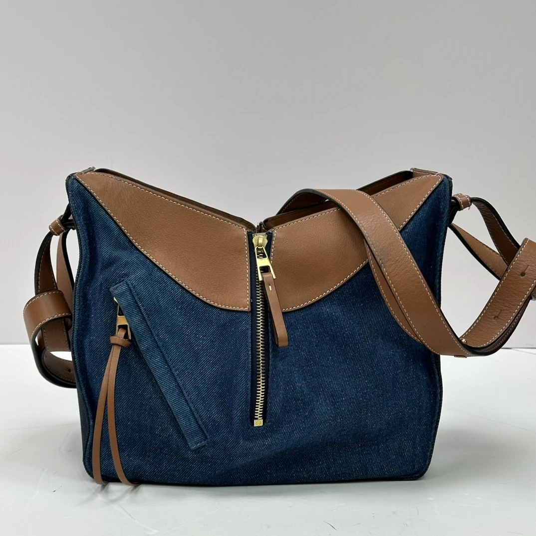 95新 LOEWE/罗意威 hammock牛仔拼皮吊床手提单肩斜挎包 20280