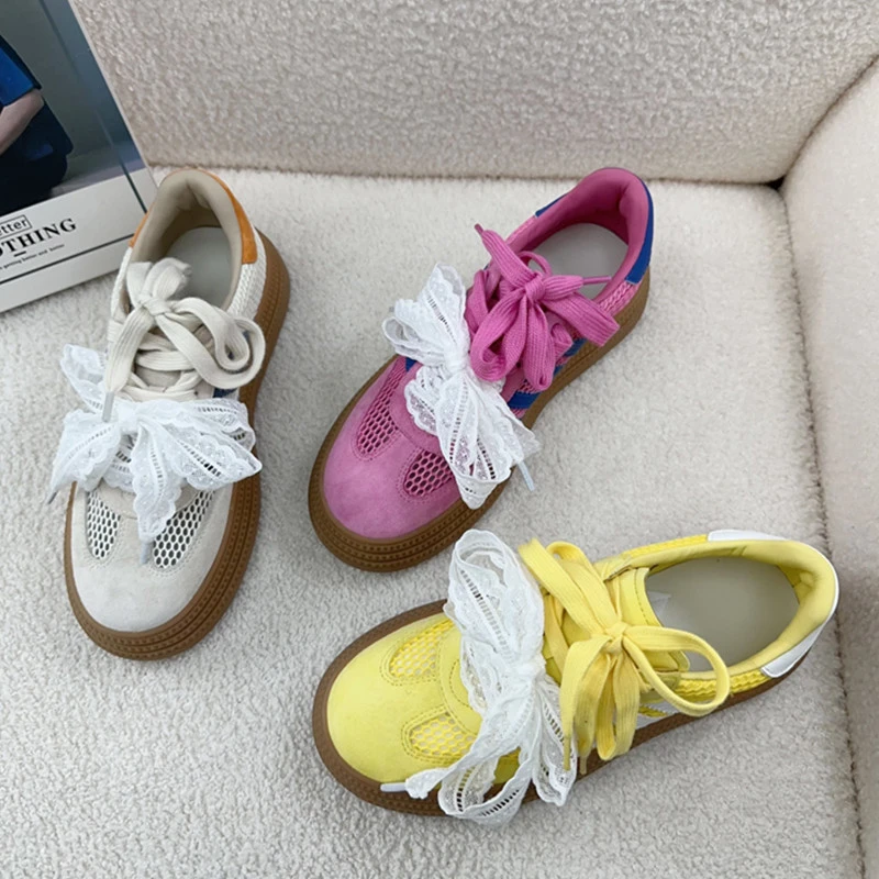 欧洲站2025夏季新款真皮蕾丝网面德训鞋女款透气厚底板鞋爆款女鞋