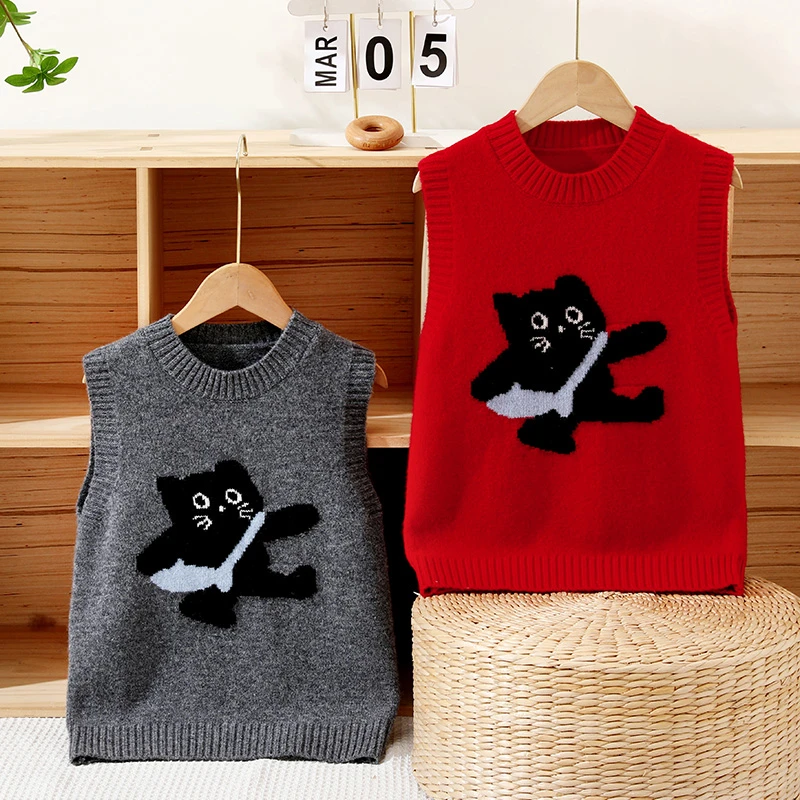 秋冬新款100%羊毛马甲儿童圆领无袖可爱小猫图案针织马甲时尚休闲