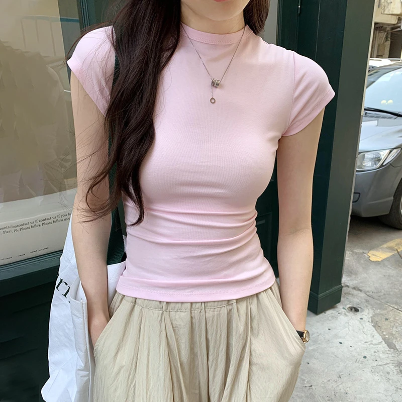 品牌折扣圆领修身正肩短款恤女2025夏新款小个子百搭紧身上衣