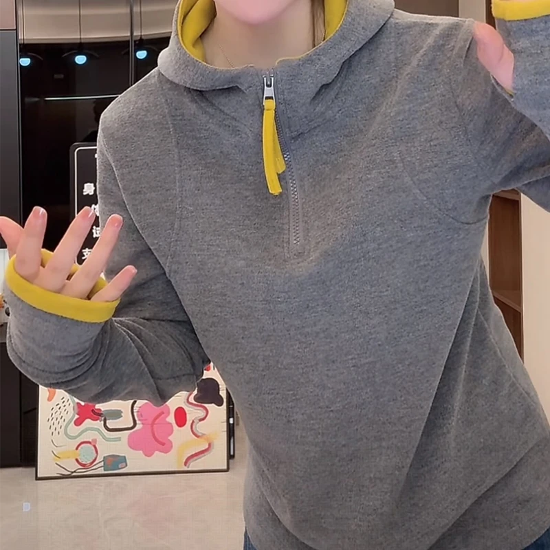 半拉链双面德绒长袖连帽针织卫衣女2025秋季新款保暖薄绒打底上衣