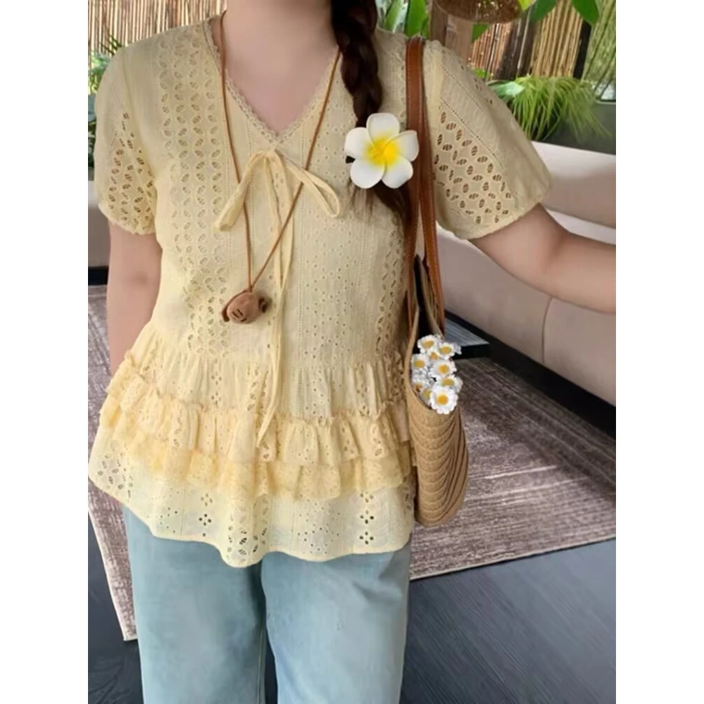 大码法式纯棉短袖衬衫女夏季设计感镂空衬衣遮肉显瘦上衣-7053