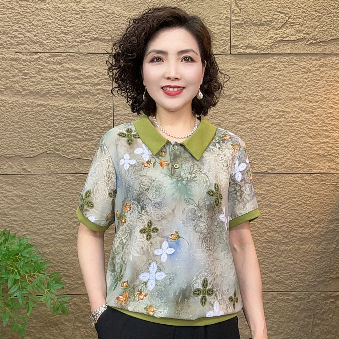 夏季新款时尚洋气翻领印花妈妈装显瘦减龄休闲百搭气质上衣女T恤