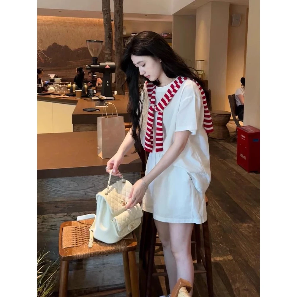 韩系简约休闲运动服套装女夏季时尚百搭宽松白色短袖裙裤两件套潮