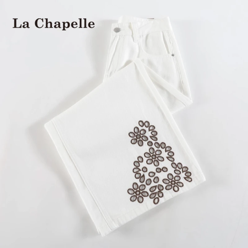 拉夏贝尔刺绣镂空天丝牛仔裤女夏季薄款宽松显瘦九分直筒阔腿裤子