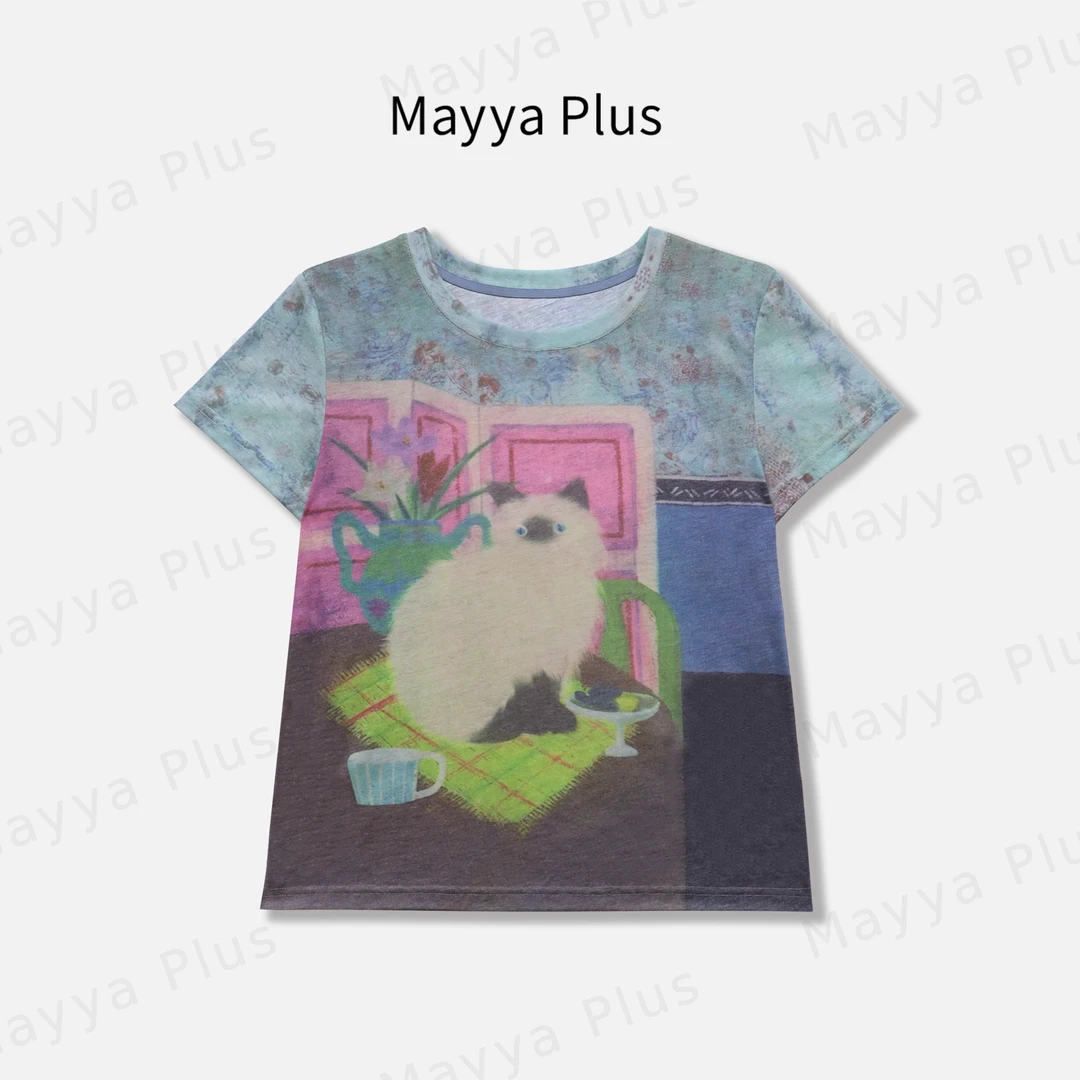 【壁画猫】MayyaPlus麦芽定制时尚圆领休闲印花短袖T恤上衣32528593