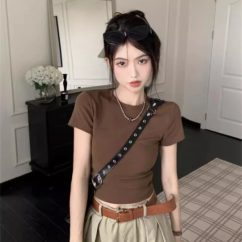 美拉德圆领修身短袖上衣女外穿短款甜酷辣妹穿搭百搭显瘦T恤夏季