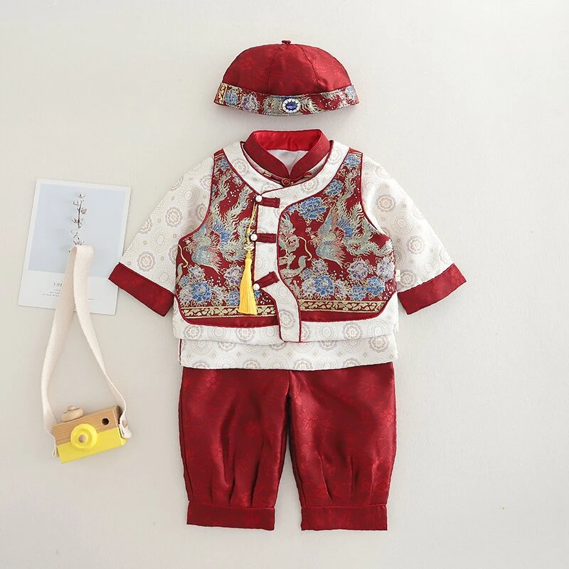 男宝宝周岁礼服中式唐装红色麒麟百天男童抓周衣服高端冠衣春季