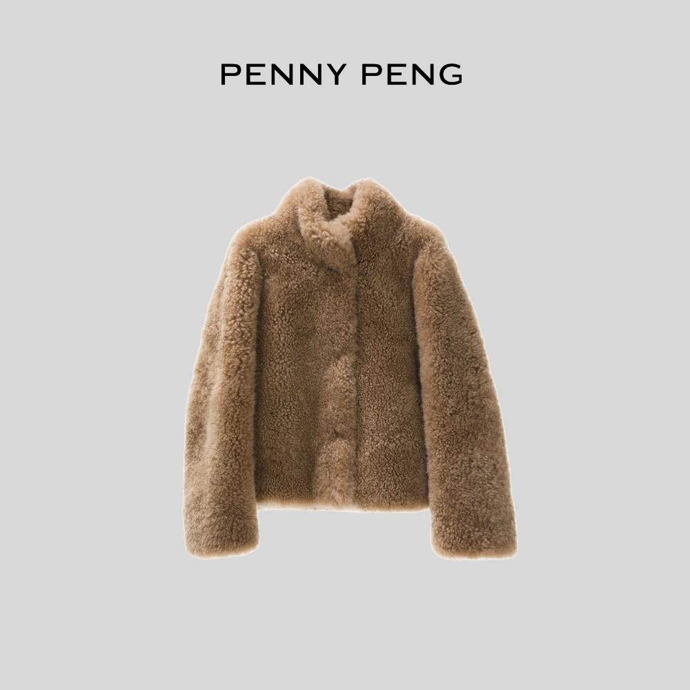 PENNYPENG公主日记时尚复古气质设计师百搭咖色保暖羊皮短外套