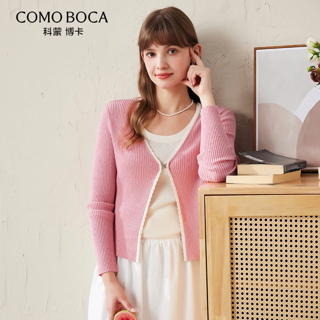 COMOBOCA/科蒙·博卡绵羊毛外套V领女开衫秋冬撞色毛衣上衣KSS7042