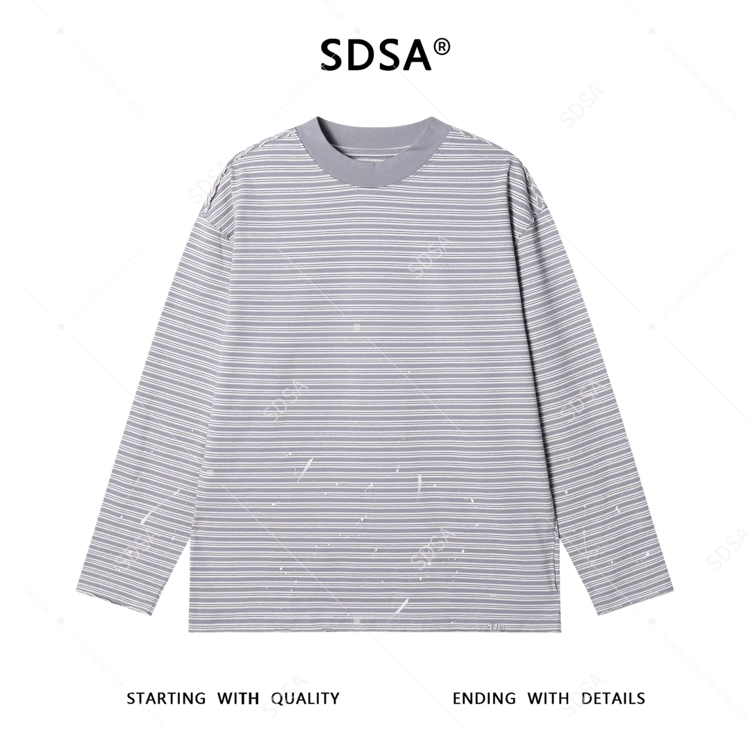 SDSA男士秋冬新款轻奢痞帅男装韩版休闲撞色条纹泼墨圆领长袖T恤