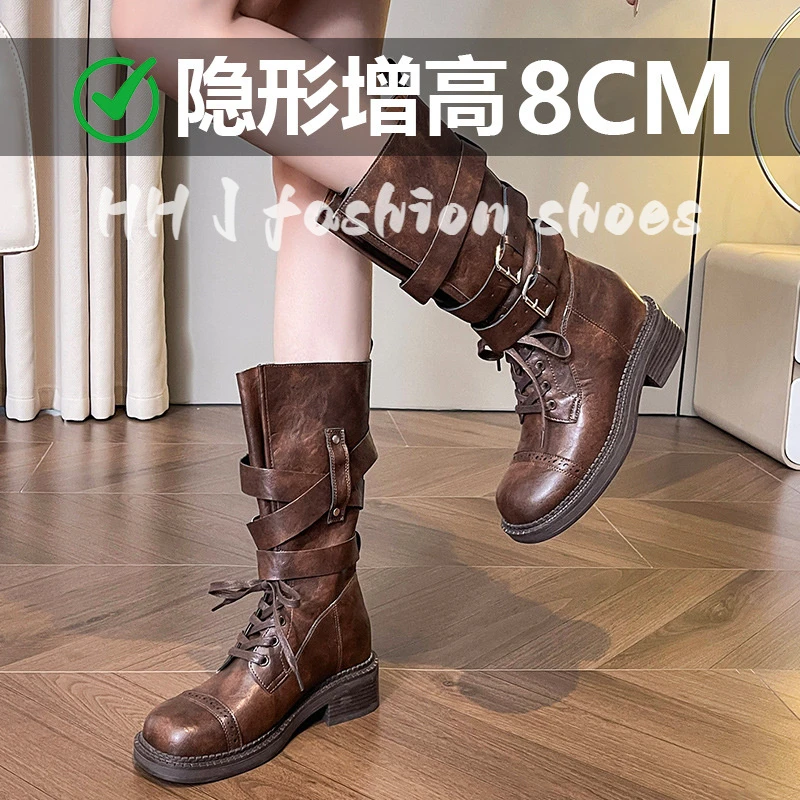 牛皮版厚底中筒骑士靴女真皮带扣机车靴2025新款夏季马丁靴短筒靴