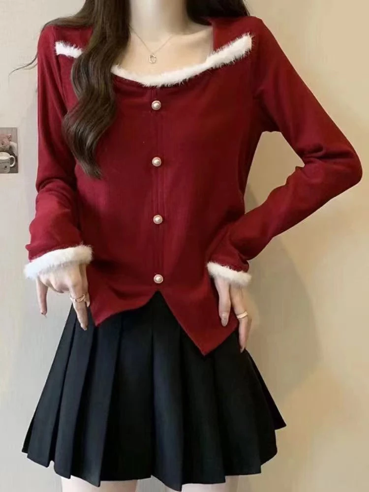 9223秋冬季大码女装上衣设计遮肉修身气质方领显瘦长袖打底衫