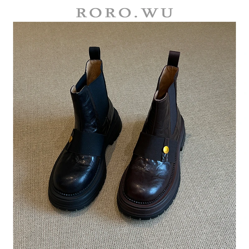 娆娆吴·羊皮经典法式复古马丁靴新款显瘦爆款弹力靴厚底短靴X434