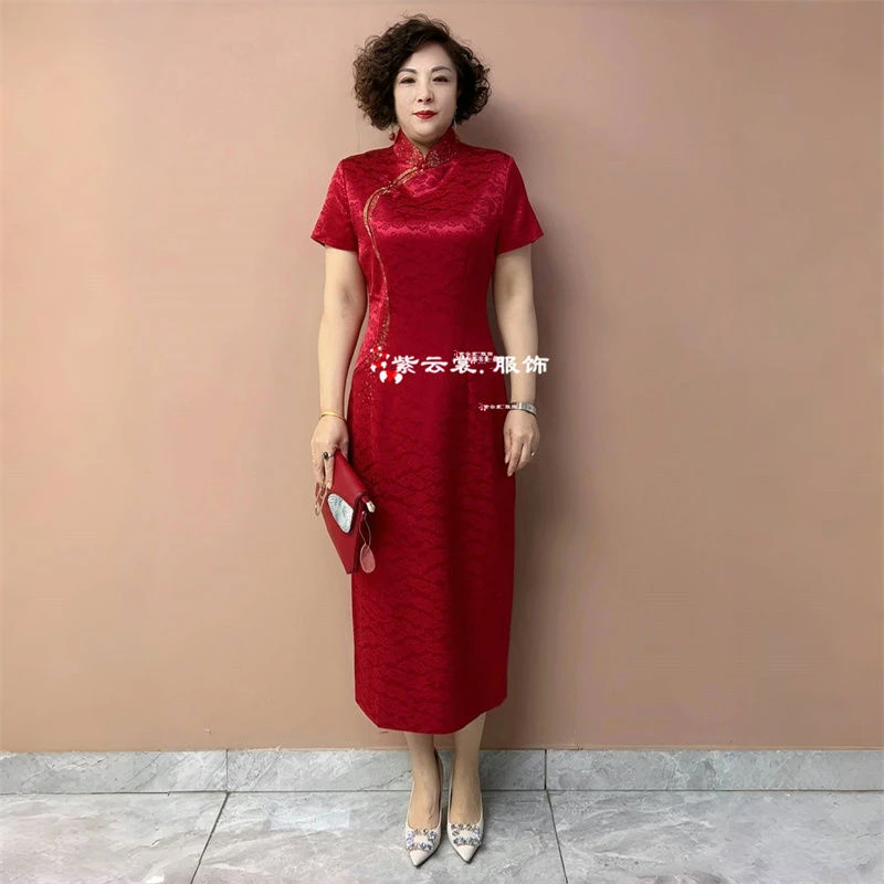 高端气质妈妈中式婚宴礼服短袖醋酸提花立领旗袍喜婆婆洋气连衣裙