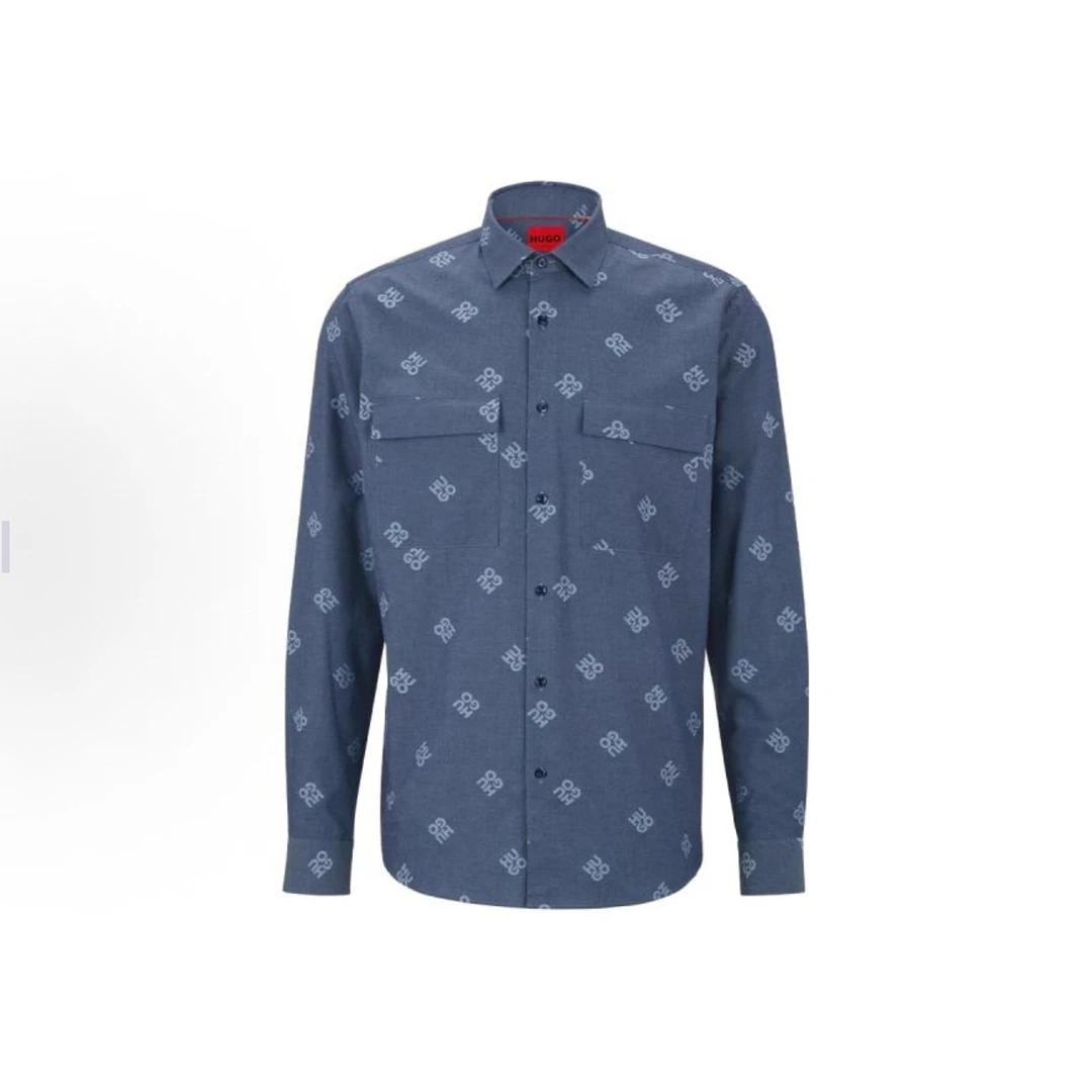 全新未使用 HugoBoss/雨果博斯 宽松版字母满印Logo休闲衬衫H1500